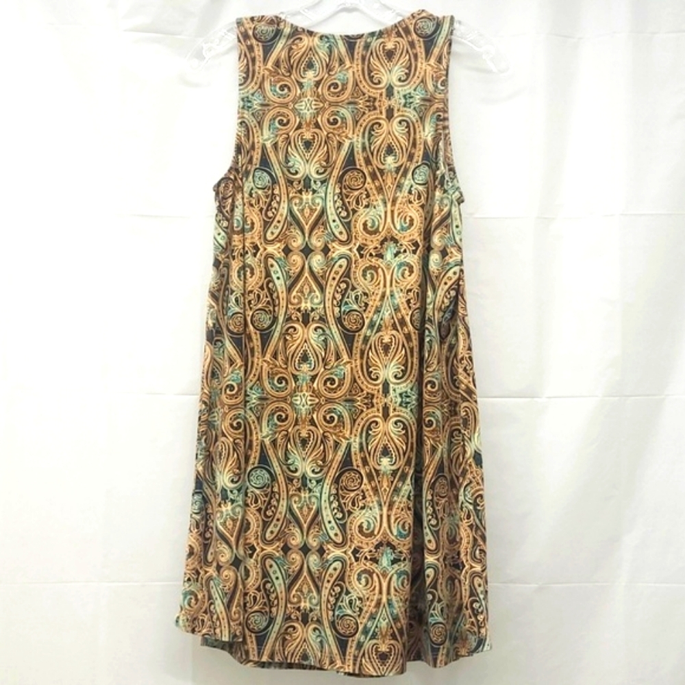 Midi Sundress Microsuede Sheath Dress Rich Swirly Print Brown Blue Contrast Boho - Picture 7 of 8